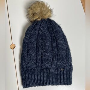 American Eagle Navy Knit Beanie with Faux Fur Pom